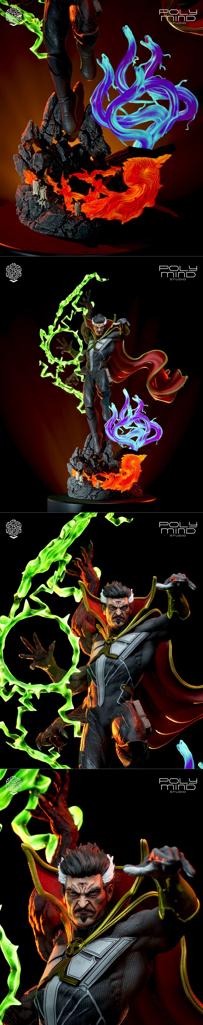 Dr. Strange 3D model figure by PolyMind Studio, casting green magic with one hand and holding a mystical artifact in...