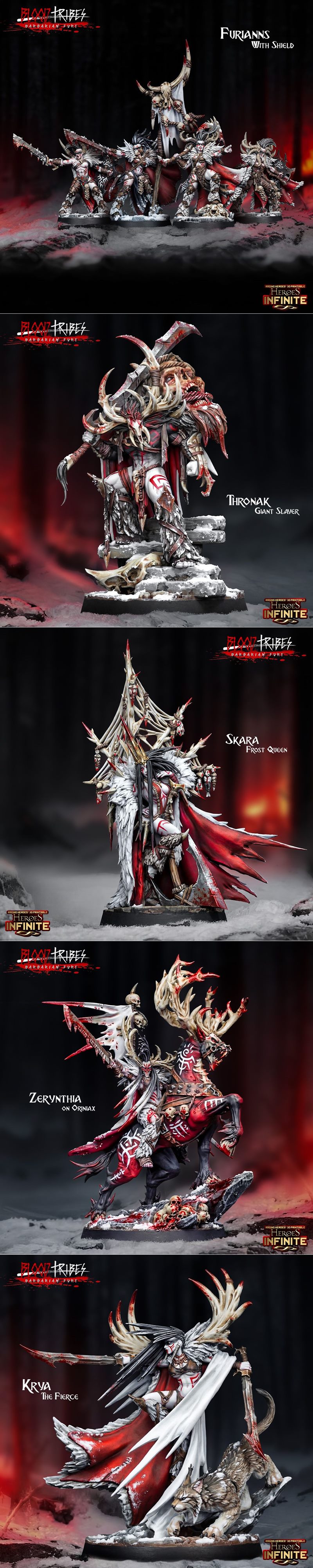 3D printable barbarian figures from Heroes Infinite's Blood Tribes collection. Features Zorvath the Flaver with axes,...