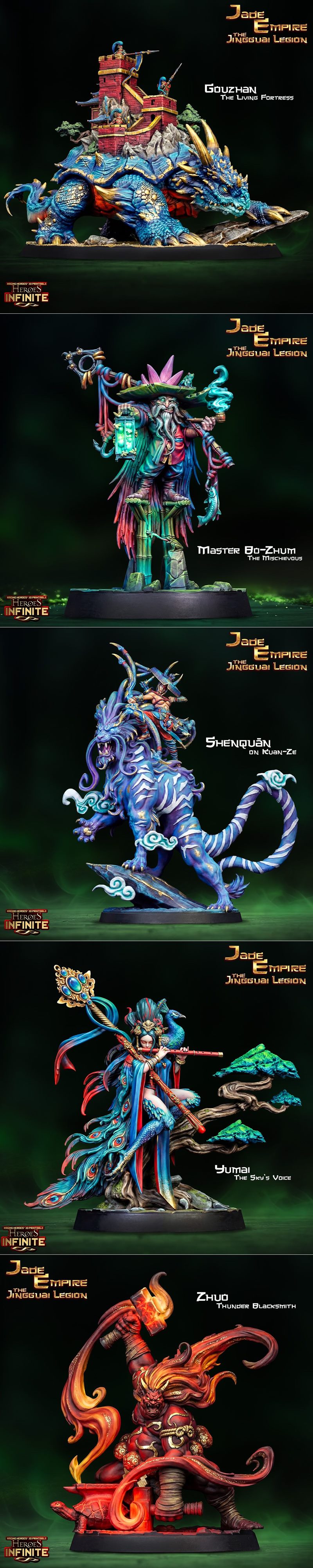 3D printable figures from Heroes Infinite's Jade Empire collection: Lord Zenghu, Meishen on a dragon, and Meishen wit...