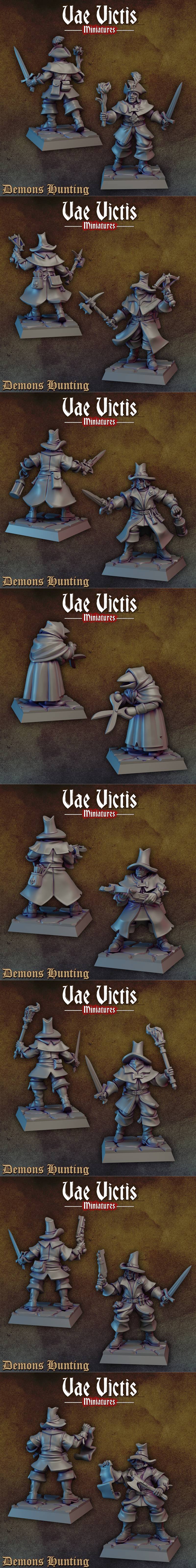 Collection of Vae Victis Miniatures witch hunter models, each on a small base, armed with swords, pistols, and torche...