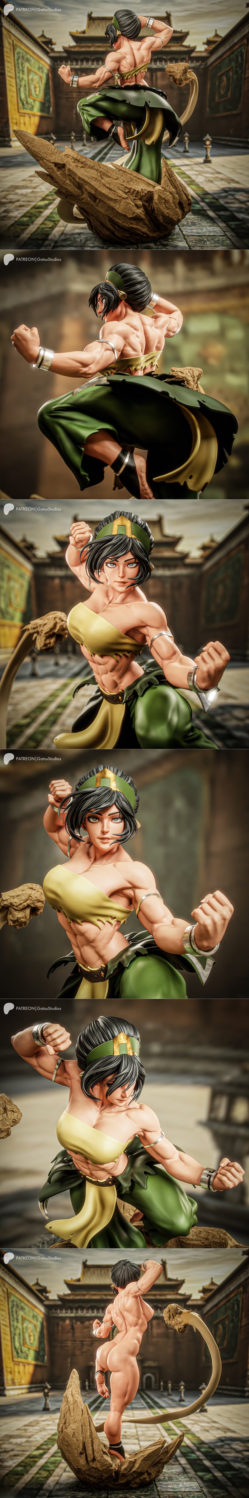 Muscular Toph Beifong figure in a dynamic earthbending pose, wearing green and yellow attire, standing on a rocky bas...