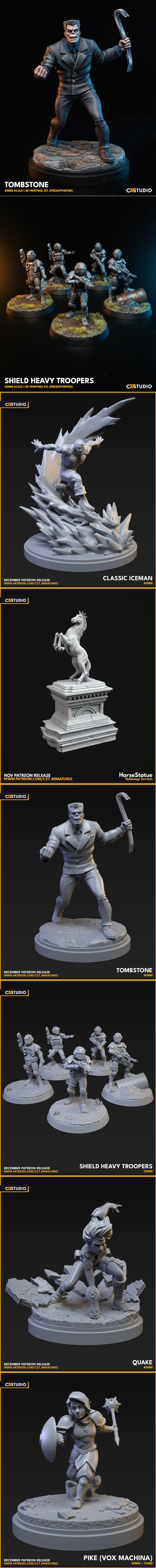 Collage of 3D printable miniatures including Spawn, Hellboy, Odin, Abomination, Ultron, Wampa, Krampus, Iceman, and G...