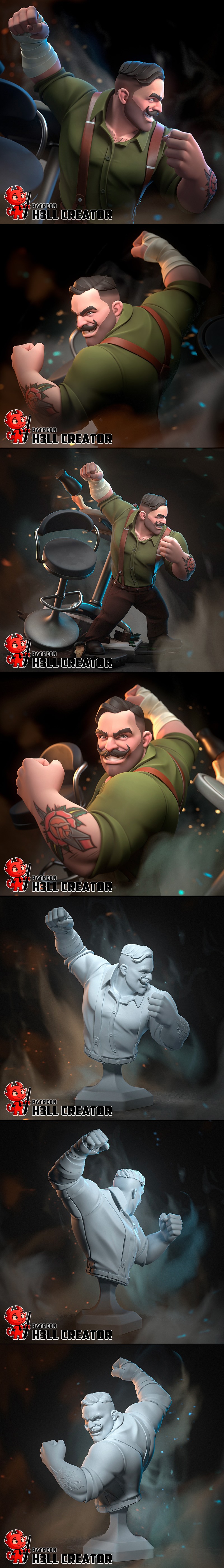 Stylized male character 'Punch Up' in a boxing stance, wearing a green shirt and brown pants, with tattoos on his arm...