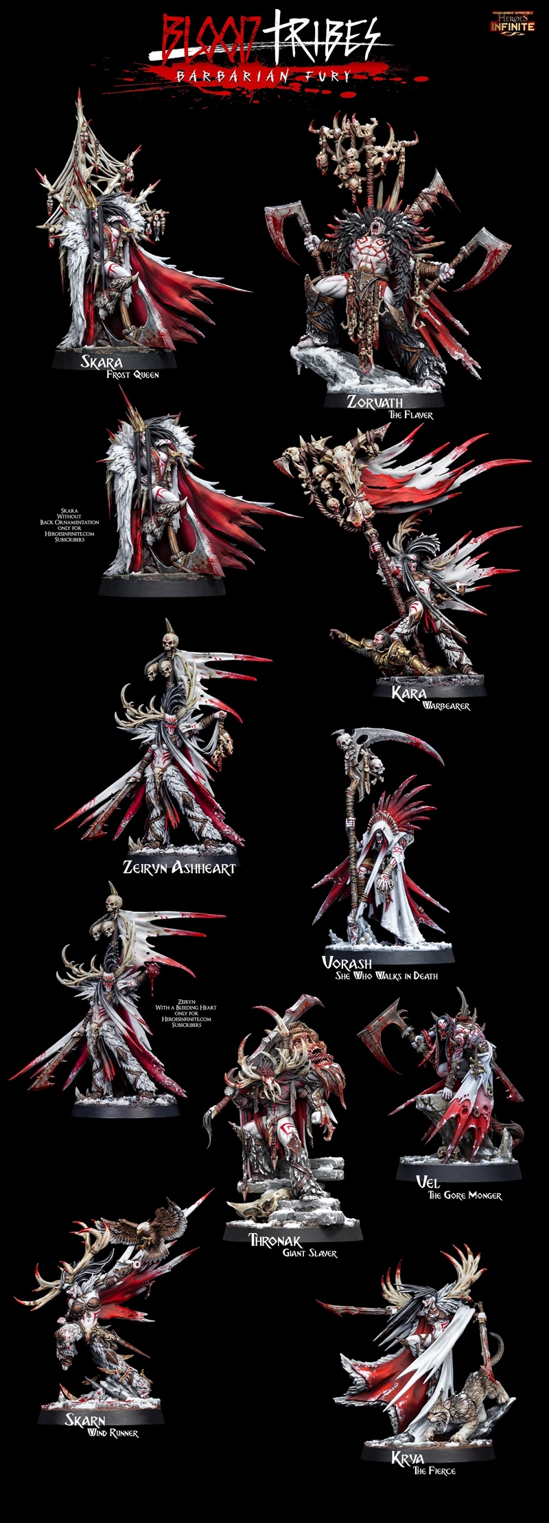 3D printable barbarian figures from Heroes Infinite's Blood Tribes collection. Features Zorvath the Flaver with axes,...