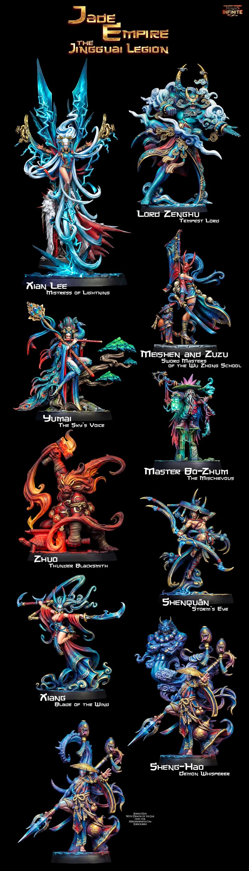 3D printable figures from Heroes Infinite's Jade Empire collection: Lord Zenghu, Meishen on a dragon, and Meishen wit...
