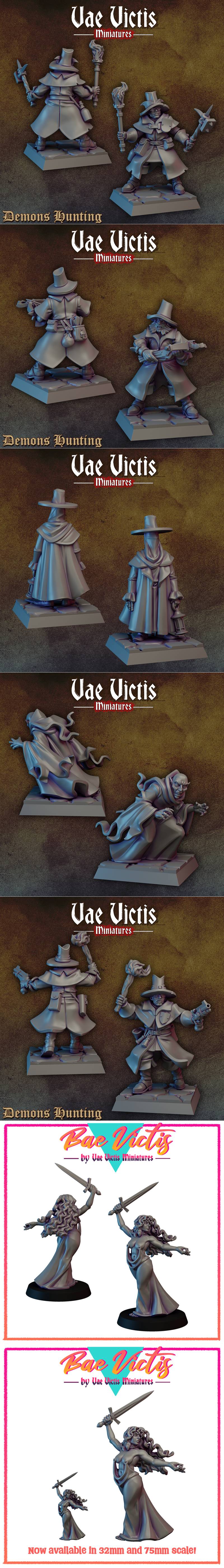 Collection of Vae Victis Miniatures witch hunter models, each on a small base, armed with swords, pistols, and torche...