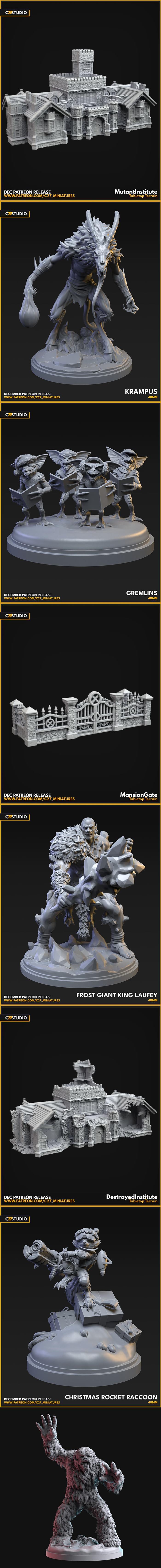 Collage of 3D printable miniatures including Spawn, Hellboy, Odin, Abomination, Ultron, Wampa, Krampus, Iceman, and G...