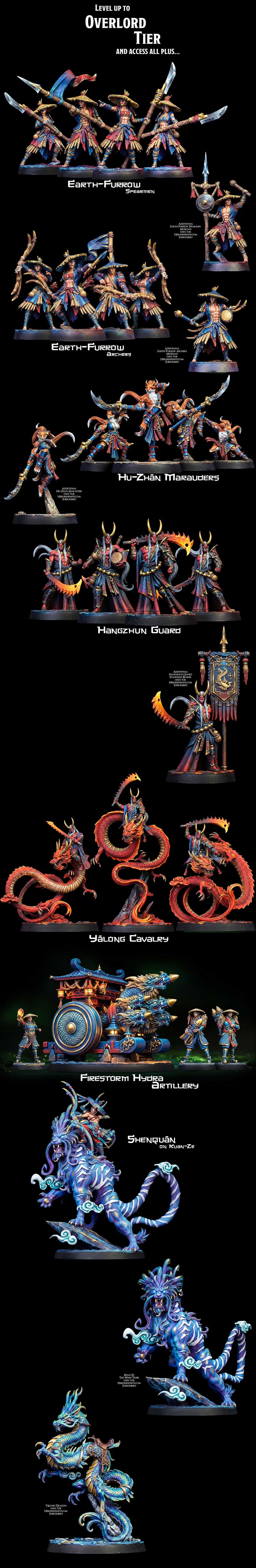 3D printable figures from Heroes Infinite's Jade Empire collection: Lord Zenghu, Meishen on a dragon, and Meishen wit...