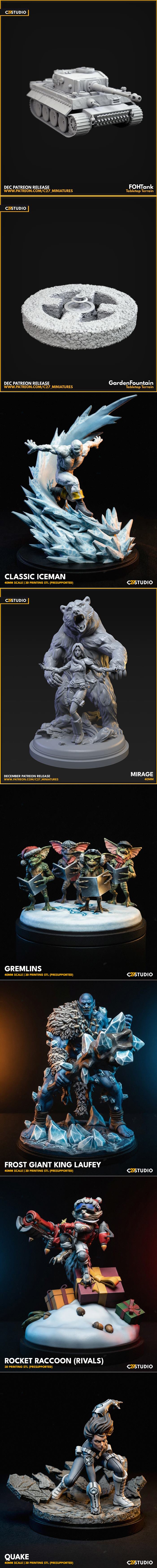 Collage of 3D printable miniatures including Spawn, Hellboy, Odin, Abomination, Ultron, Wampa, Krampus, Iceman, and G...