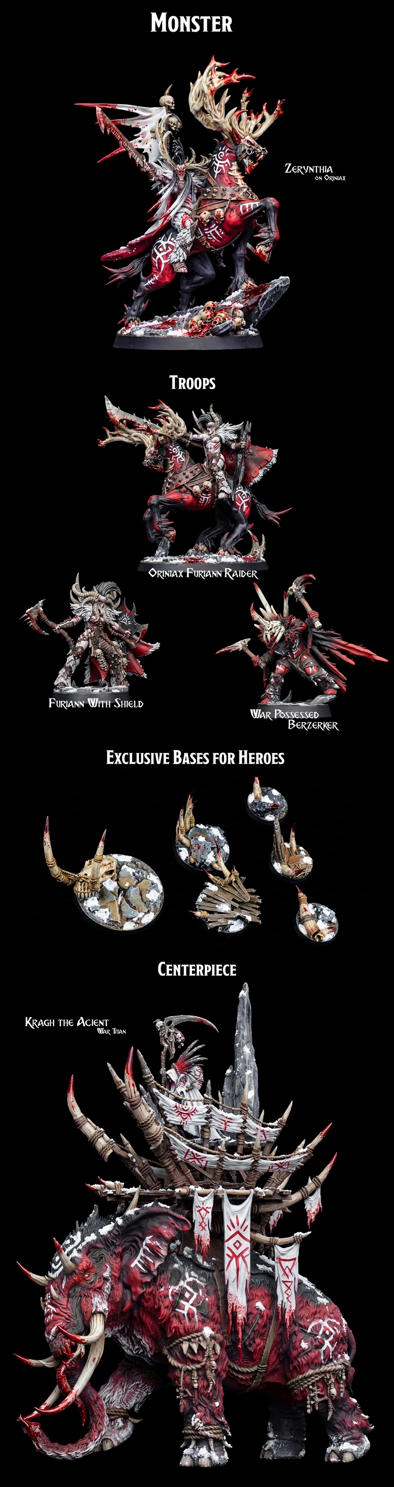 3D printable barbarian figures from Heroes Infinite's Blood Tribes collection. Features Zorvath the Flaver with axes,...