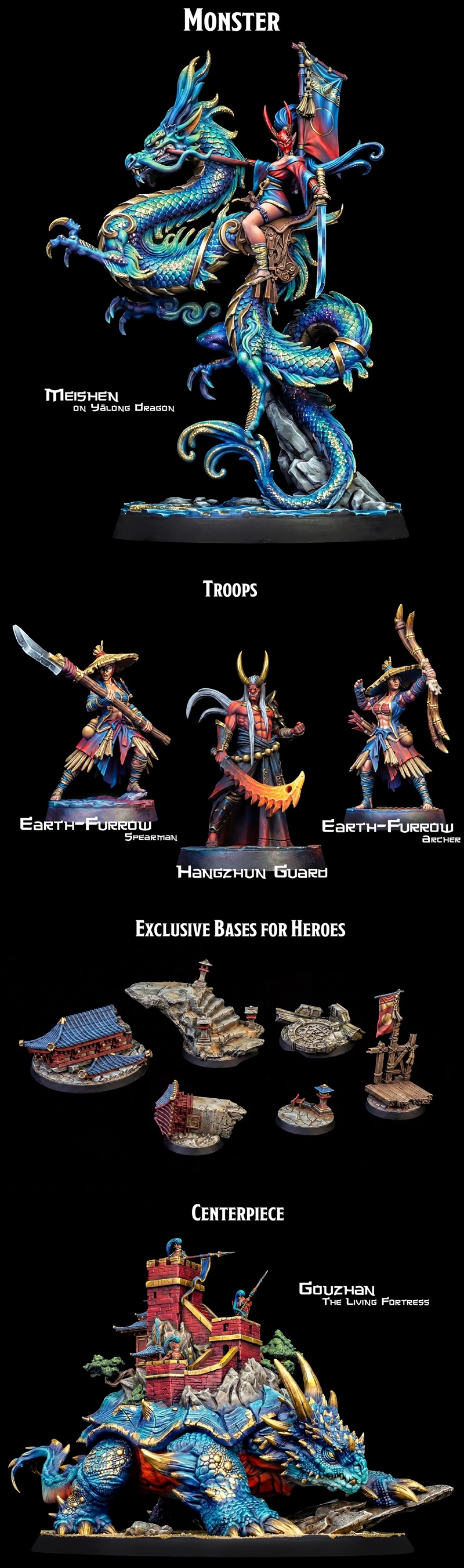 3D printable figures from Heroes Infinite's Jade Empire collection: Lord Zenghu, Meishen on a dragon, and Meishen wit...