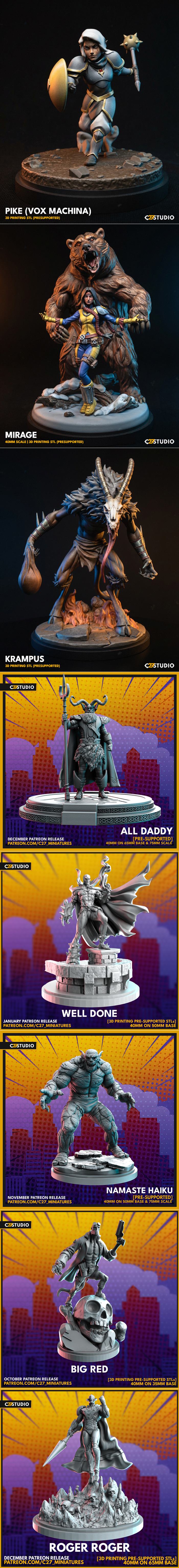 Collage of 3D printable miniatures including Spawn, Hellboy, Odin, Abomination, Ultron, Wampa, Krampus, Iceman, and G...