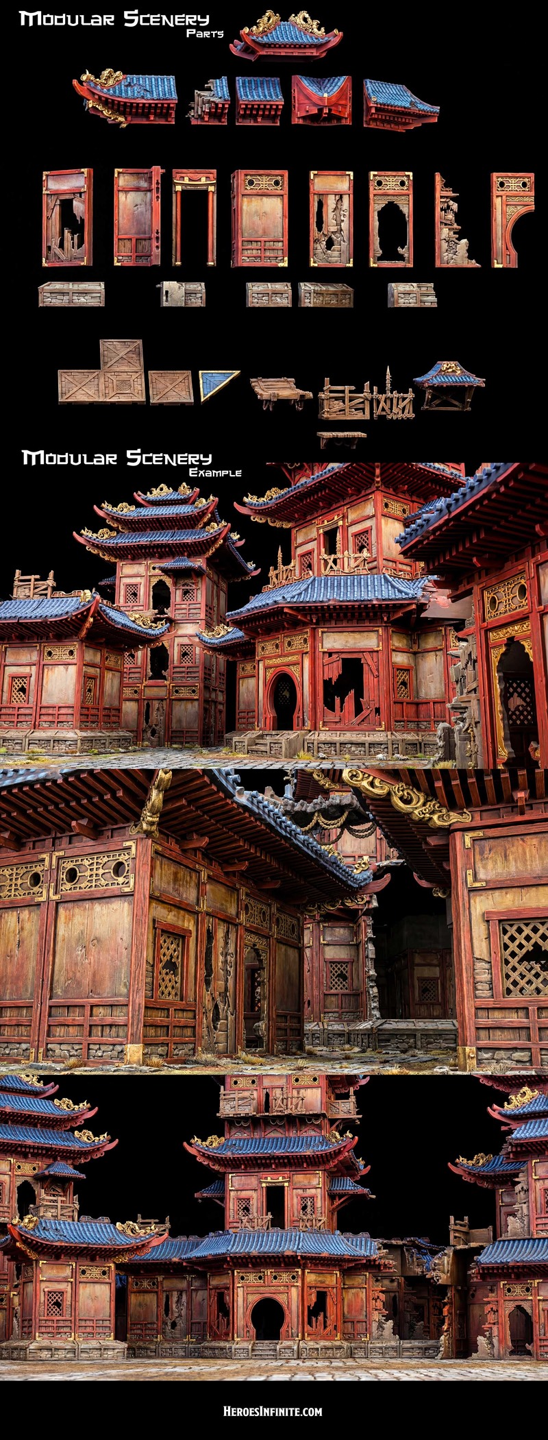 3D printable figures from Heroes Infinite's Jade Empire collection: Lord Zenghu, Meishen on a dragon, and Meishen wit...