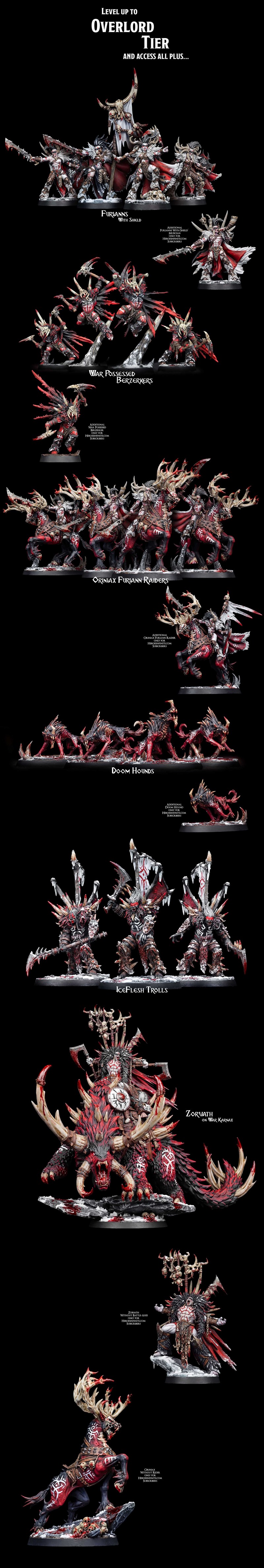 3D printable barbarian figures from Heroes Infinite's Blood Tribes collection. Features Zorvath the Flaver with axes,...