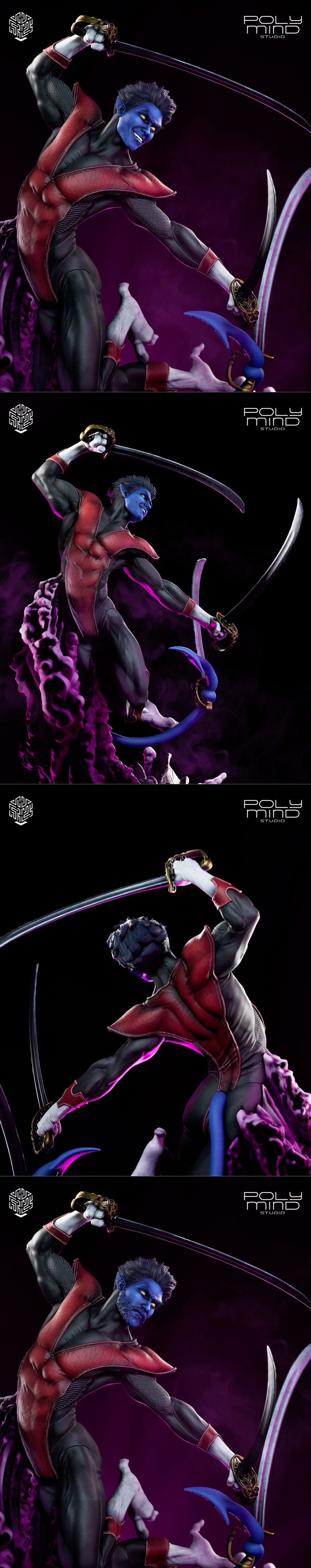 PolyMind Studio 3D model of Nightcrawler from X-Men, blue mutant in action pose with two swords, surrounded by purple...