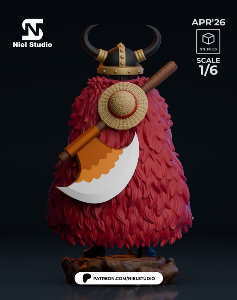 Niel Studio 1:6 scale 3D print model of Monkey D. Luffy wearing a horned helmet and a red fur-lined cape, with hands...