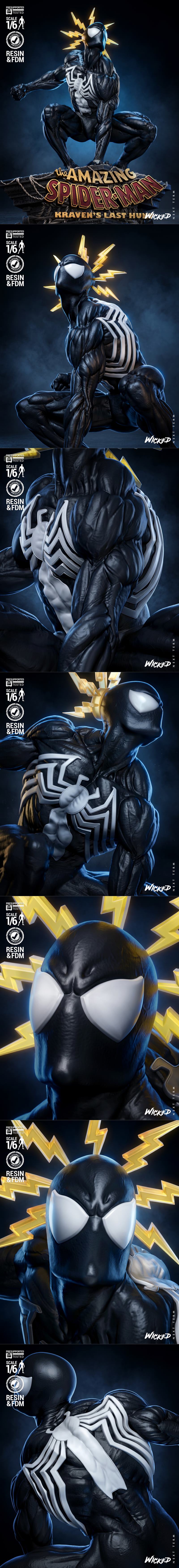 Spider-Man in black suit with white spider emblem, crouching on a stone base with "The Amazing Spider-Man: Krave...