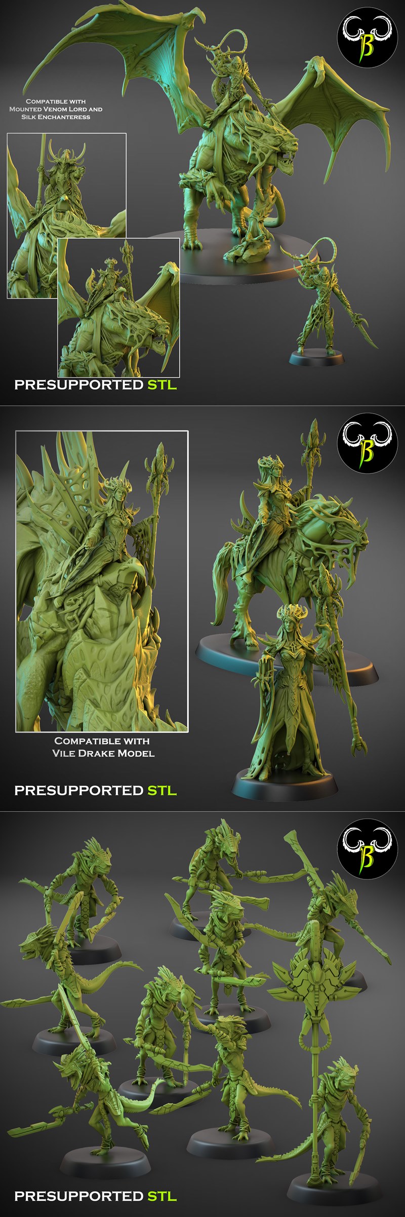 Collection of dark fantasy miniatures depicting riders on horseback, with grotesque details and flowing capes, presen...