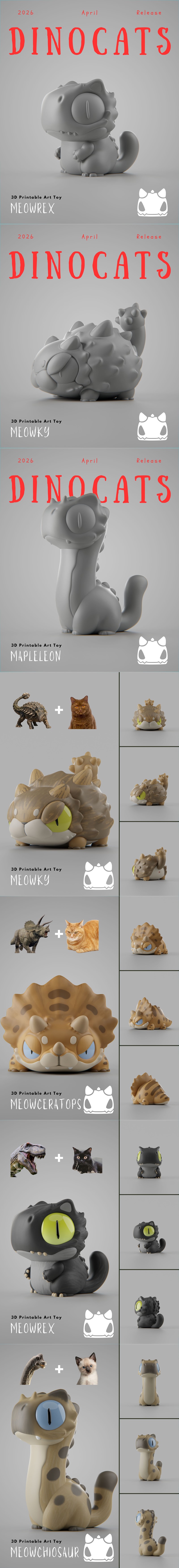 Four stylized dinosaur-cat hybrid figures: a long-necked spotted creature, a triceratops-like cat, a dark grey T-Rex-...