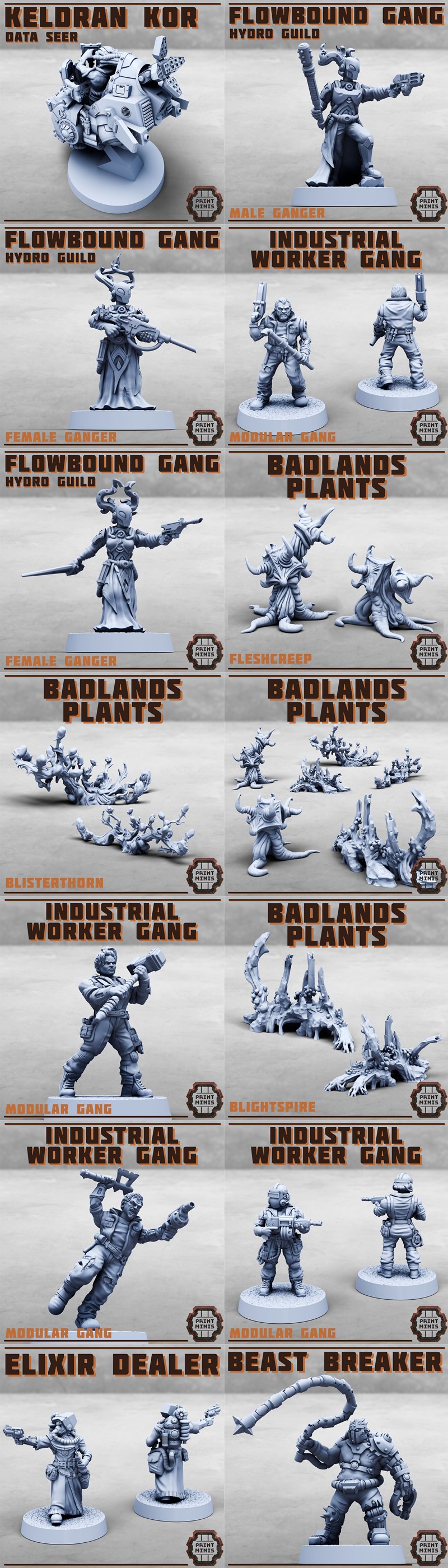Collection of sci-fi miniatures from Print Minis, featuring "Flowbound Gang" and "Industrial Worker Ga...