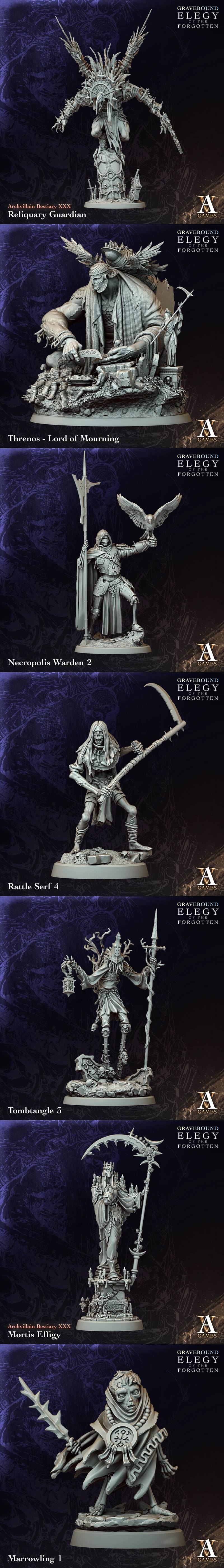 Collection of dark fantasy 3D printable miniatures from Archvillain Games, featuring Threnos - Lord of Mourning, Sera...