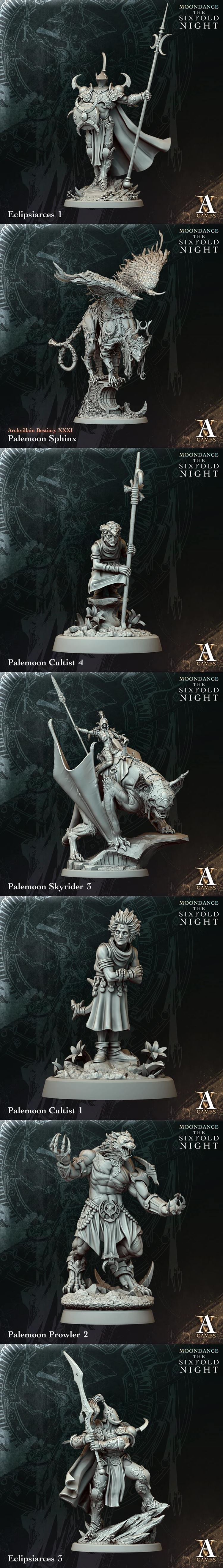 Collection of fantasy miniatures from Archvillain Games: Eclipsis with scythes, Eclipsiarces in ornate armor, Sylthar...