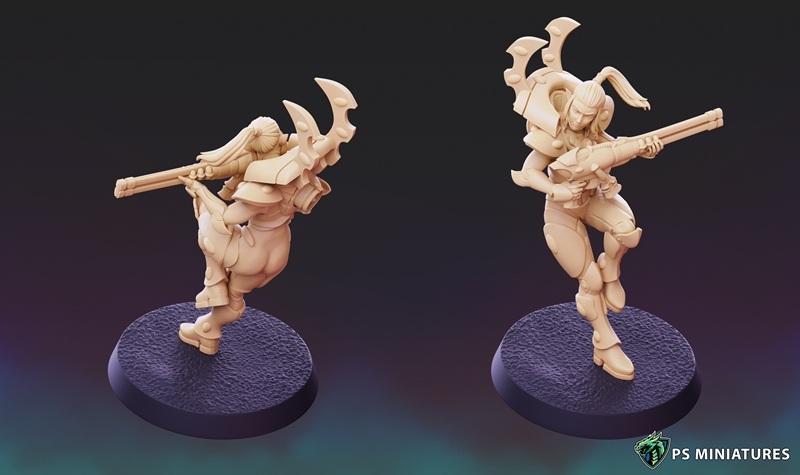 Collection of female space elf miniatures with sci-fi armor and weapons, including rifles and chainswords, on display...