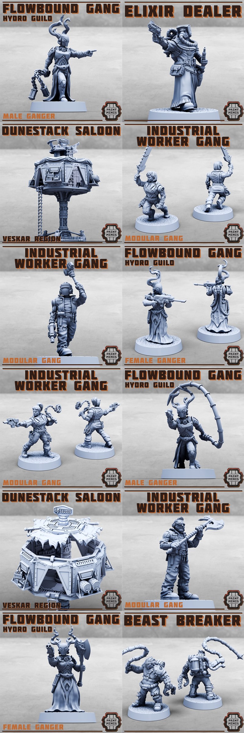 Collection of sci-fi miniatures from Print Minis, featuring "Flowbound Gang" and "Industrial Worker Ga...
