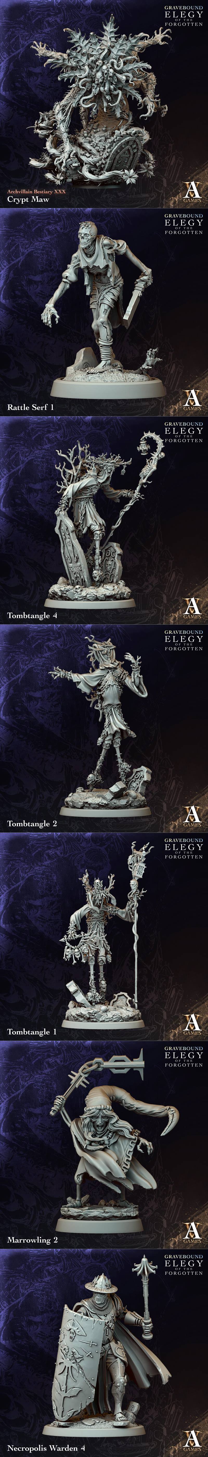 Collection of dark fantasy 3D printable miniatures from Archvillain Games, featuring Threnos - Lord of Mourning, Sera...