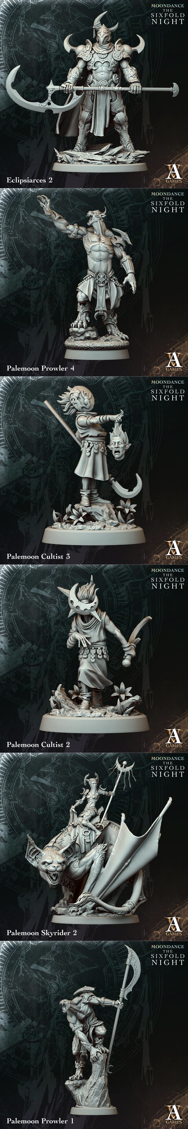 Collection of fantasy miniatures from Archvillain Games: Eclipsis with scythes, Eclipsiarces in ornate armor, Sylthar...