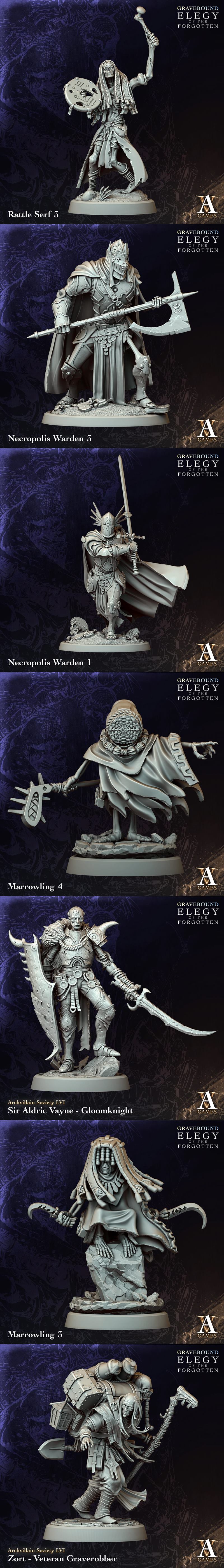 Collection of dark fantasy 3D printable miniatures from Archvillain Games, featuring Threnos - Lord of Mourning, Sera...