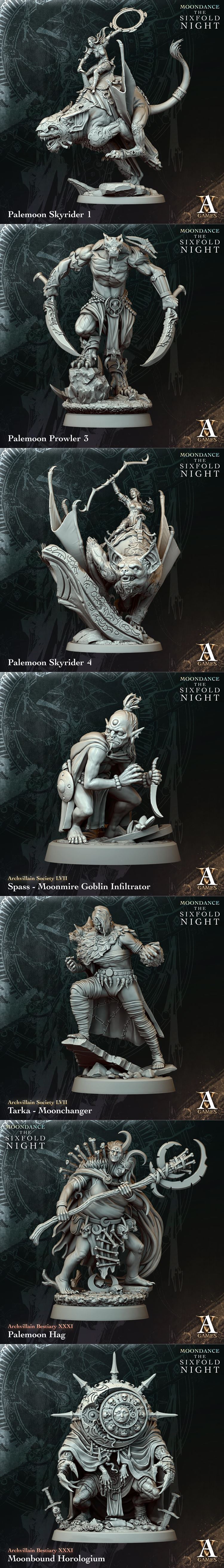 Collection of fantasy miniatures from Archvillain Games: Eclipsis with scythes, Eclipsiarces in ornate armor, Sylthar...