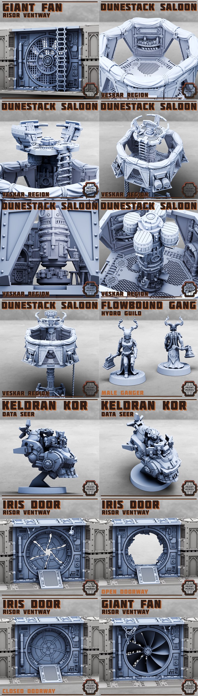 Collection of sci-fi miniatures from Print Minis, featuring "Flowbound Gang" and "Industrial Worker Ga...