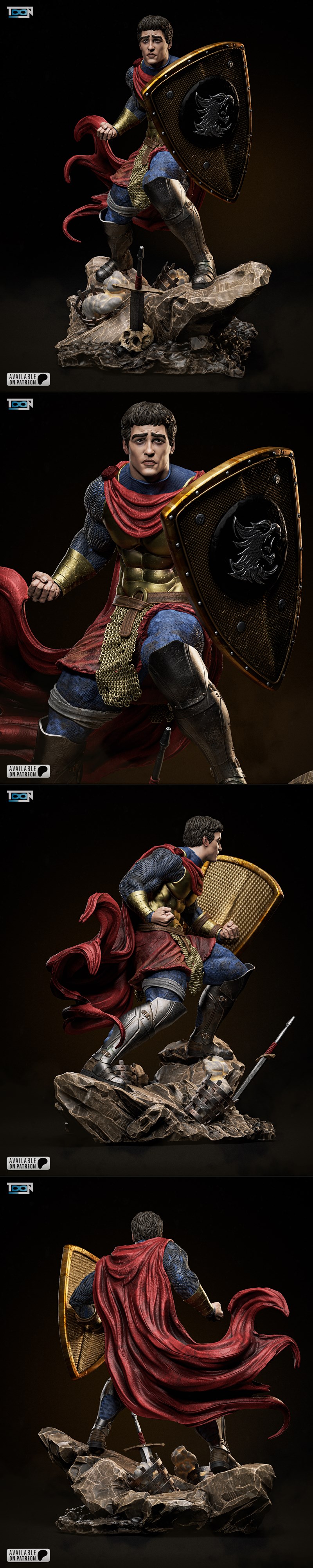 Heroic male warrior figure named Eric, inspired by Dungeons & Dragons, holding a shield and fist raised. Wears red ca...