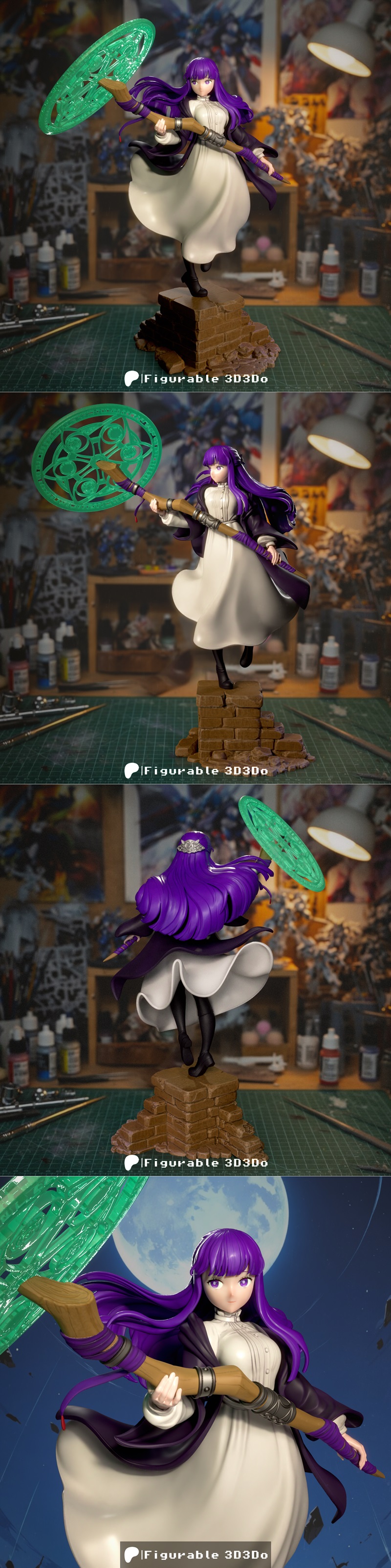 Fern from Frieren anime series, 3D printable figure, purple hair, white dress, dark cloak, holding a wooden staff, st...