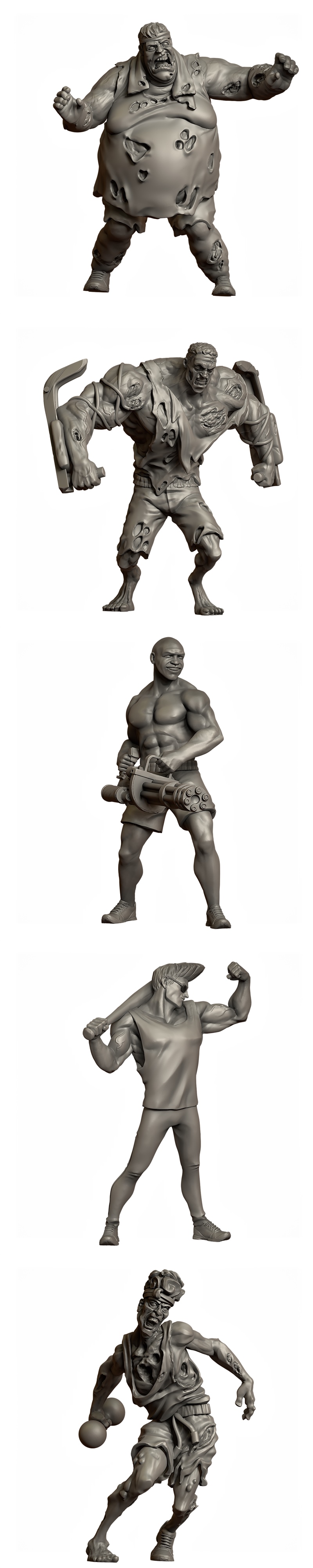 Group of stylized zombie apocalypse survivors with weapons and fitness gear, including a dumbbell and axe, ready for...