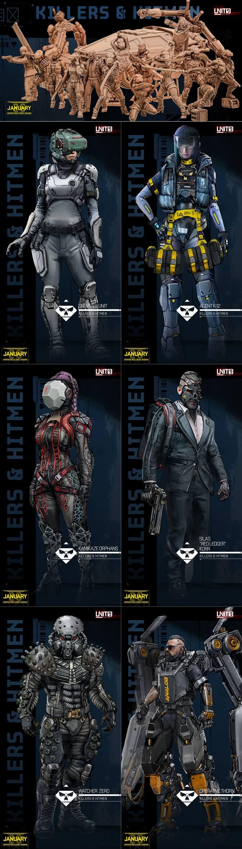 Collection of sci-fi miniatures including armored soldiers, cybernetic figures, and a suited character, all with deta...