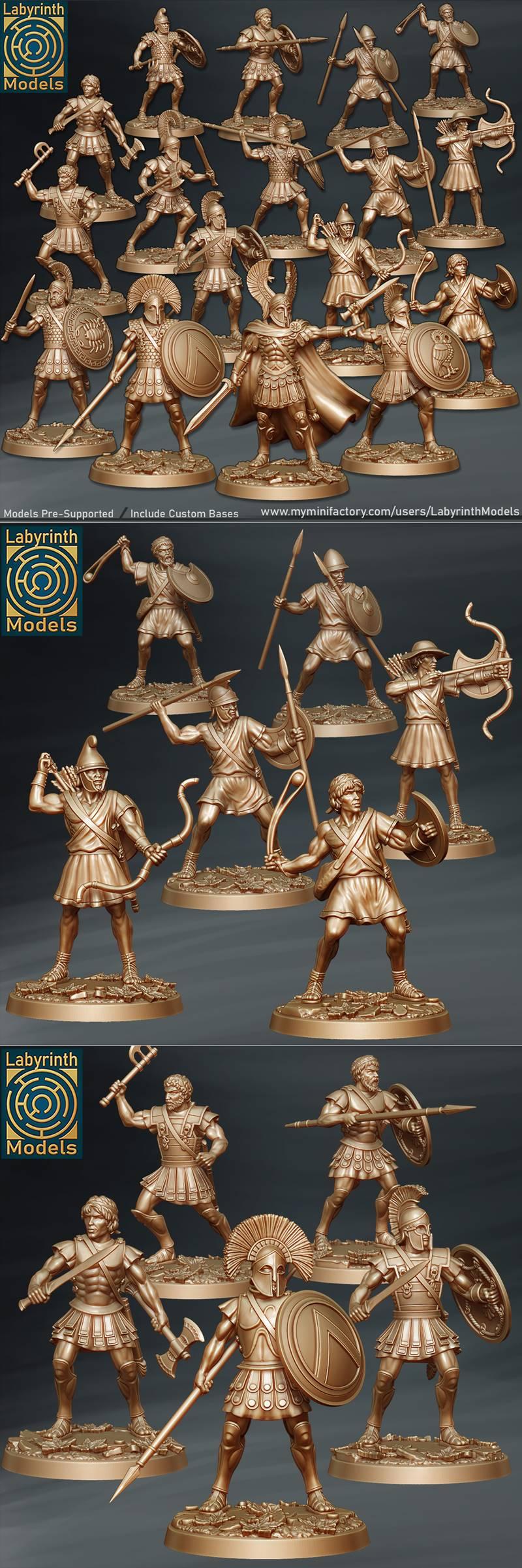 Collection of bronze-colored 3D printable miniatures of ancient Greek warriors, armed with spears, swords, axes, and...