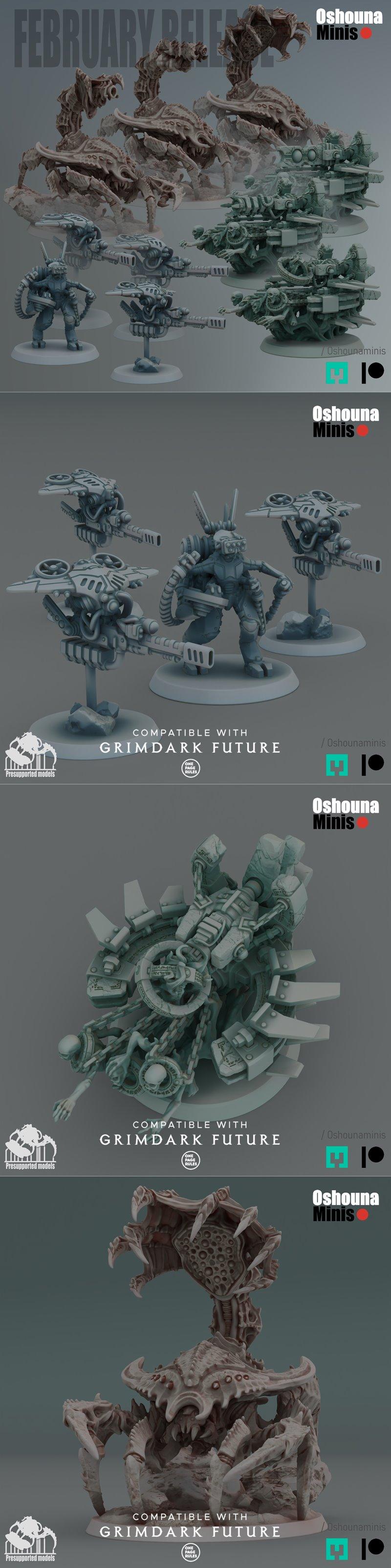 Collection of grimdark sci-fi miniatures: monstrous insectoid creatures, futuristic mechs, and soldiers on bases. Mod...