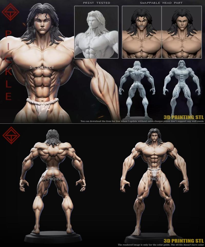 3D model of muscular male character Pickle from Baki anime, with swappable head parts, shown from front and back.