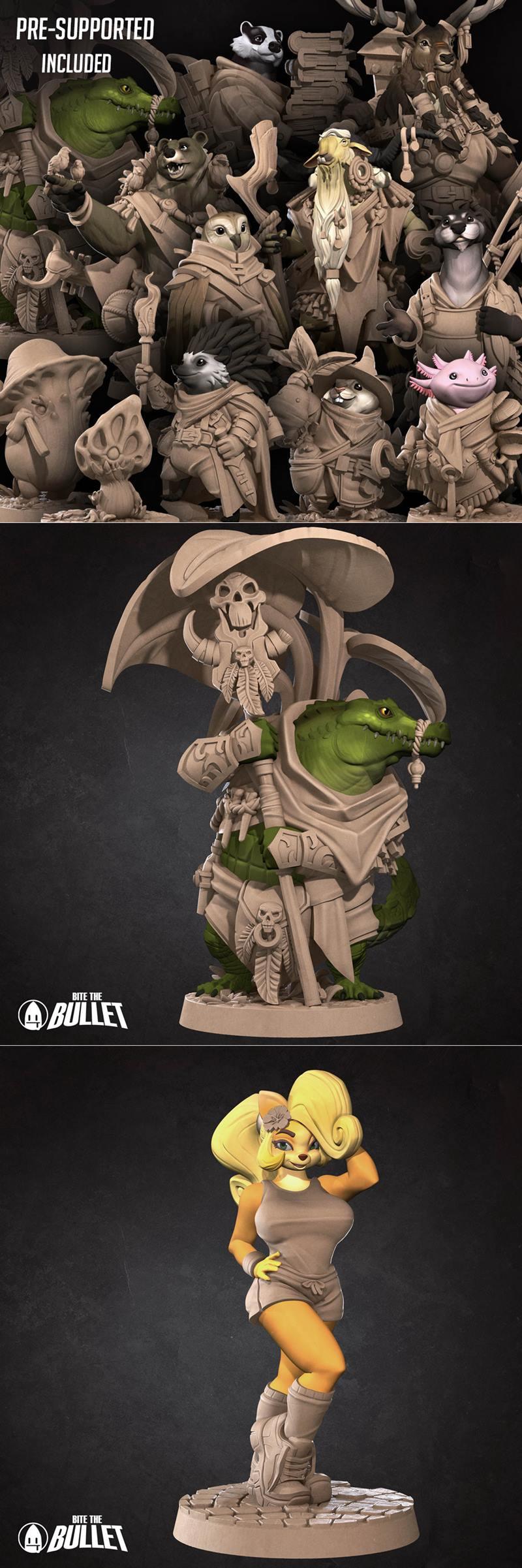 Collection of Bite the Bullet 3D printable miniatures: anthropomorphic alligator warrior with skull motifs, and a fem...