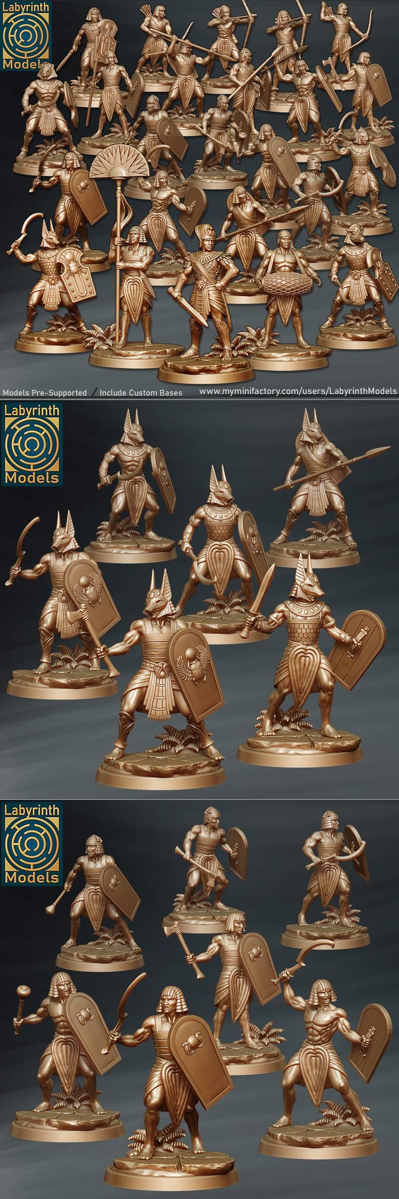 Collection of ancient Egyptian-themed miniatures by Labyrinth Models, featuring warriors with shields, swords, axes,...