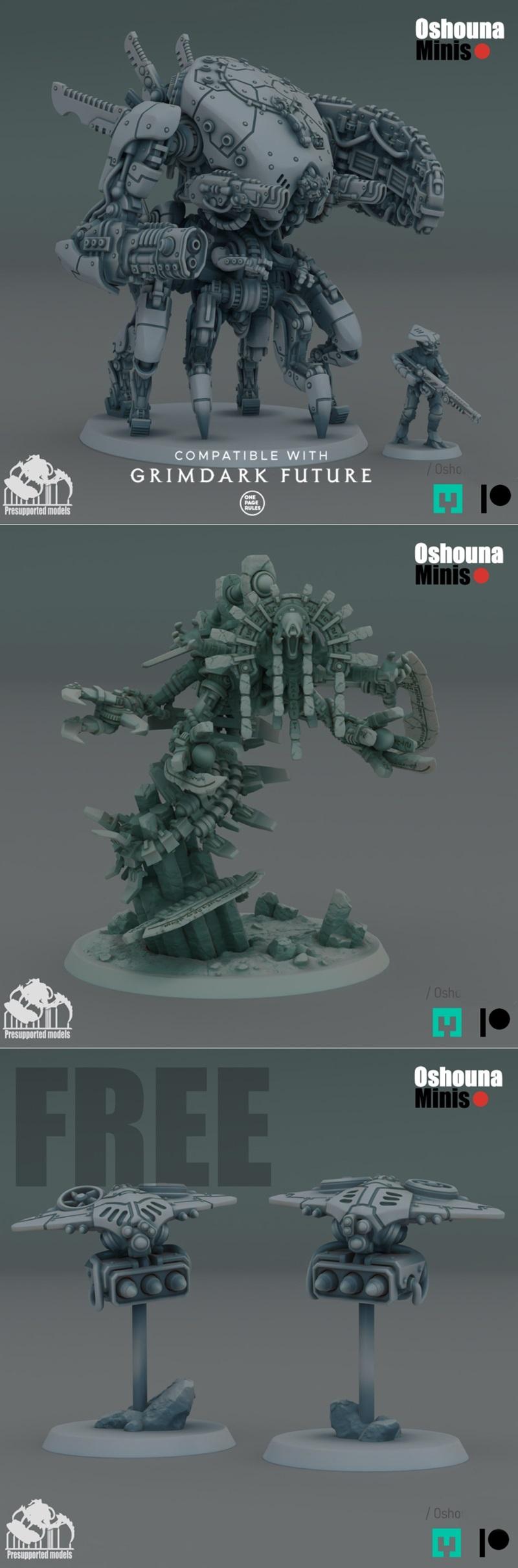 A collection of grimdark sci-fi 3D models: a large mech, a soldier, a stone-and-metal creature, and flying vehicles....