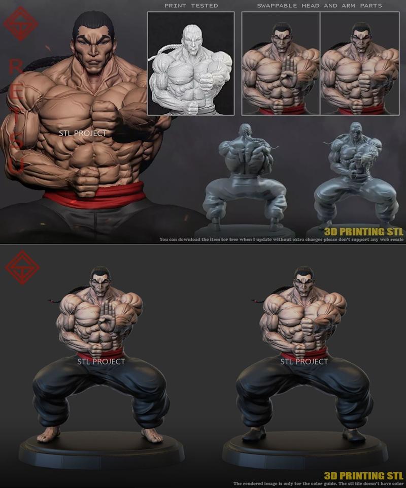 3D model of Retsu from Baki, depicted in a powerful fighting stance with fists clenched. Features include extreme mus...