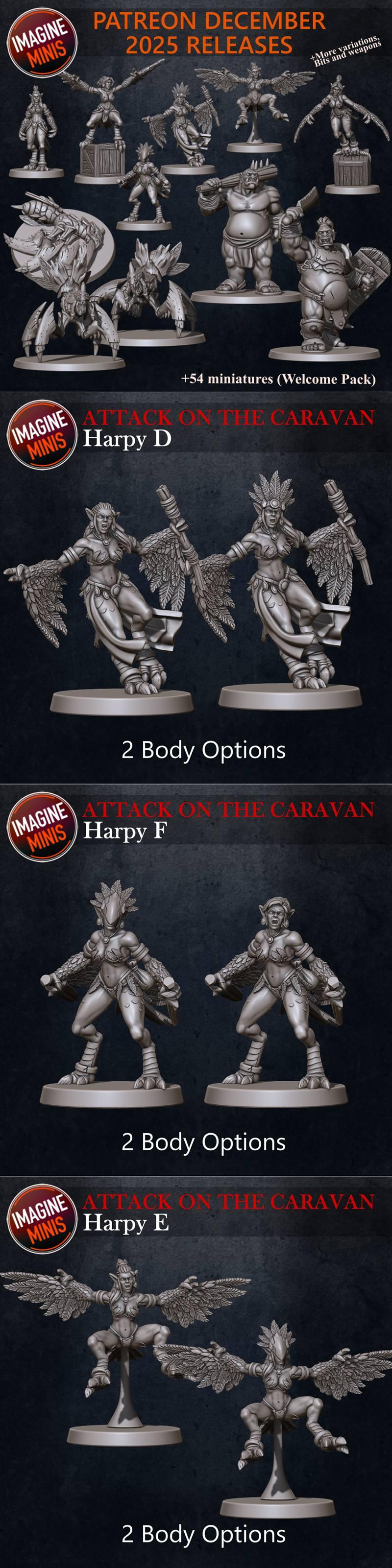 Collection of fantasy miniatures including harpies with feathered wings and tribal attire, orcs, and a large insectoi...