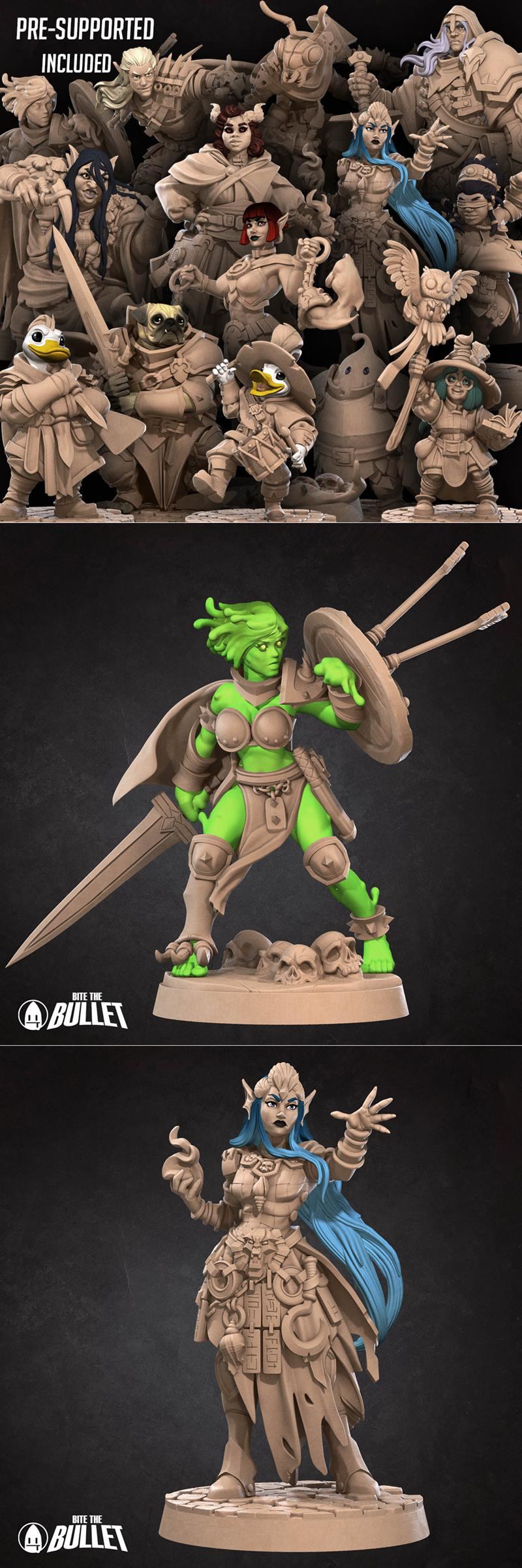 Collection of fantasy 3D printable miniatures: green orc warrior with sword and shield, blue-haired elf in ornate arm...
