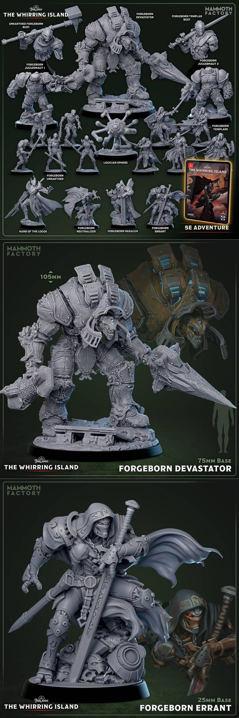 Collection of Forgeborn miniatures from Mammoth Factory's Farlands setting: a large Devastator with hammer and sword,...