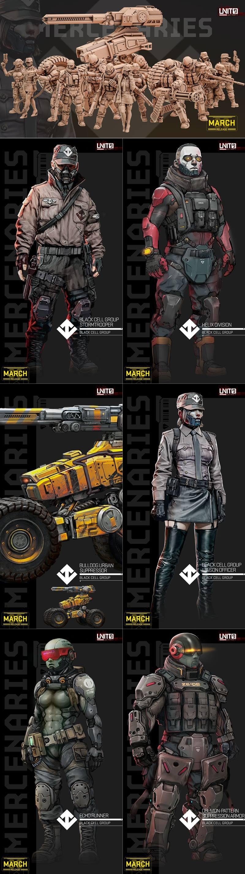 Collection of sci-fi mercenary 3D models: soldiers in futuristic armor, a tactical vehicle, and specialized units. Un...