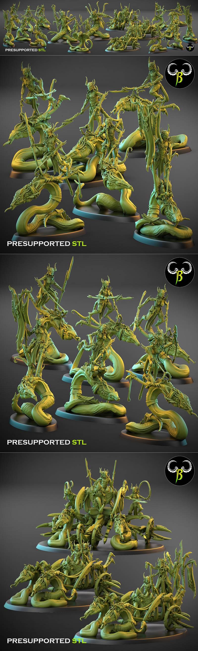 Collection of detailed 3D printable miniatures featuring demonic figures with serpentine bodies, posed on small bases...