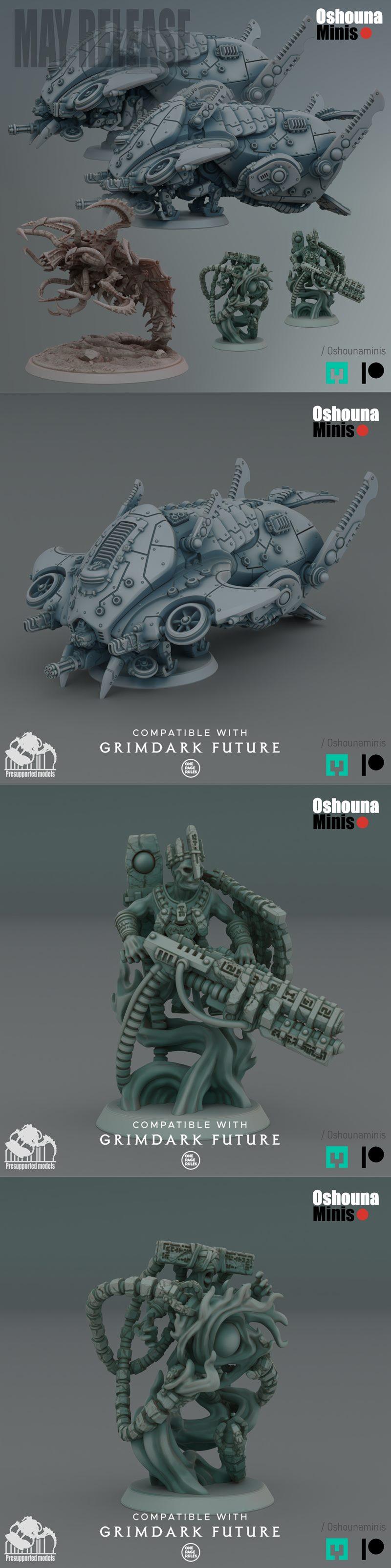 Collection of 3D printable sci-fi miniatures: a gunship vehicle, a cybernetic soldier with a large weapon, and a grot...